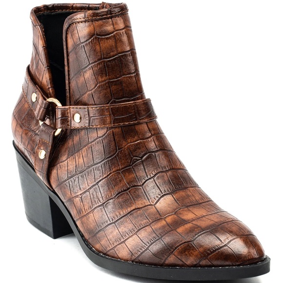 Women’s NIB cognac brown GC. SHOES faux-croc-skin harnessed cowboy booties/ 10M - Picture 1 of 5